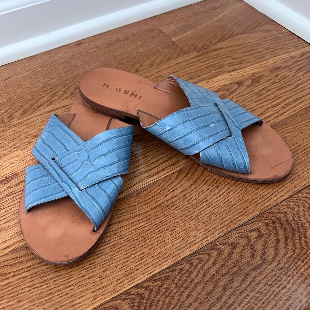 M.Gemi Leather Slide Sandals - Blue Crocodile Embossed - Size‎ 38
